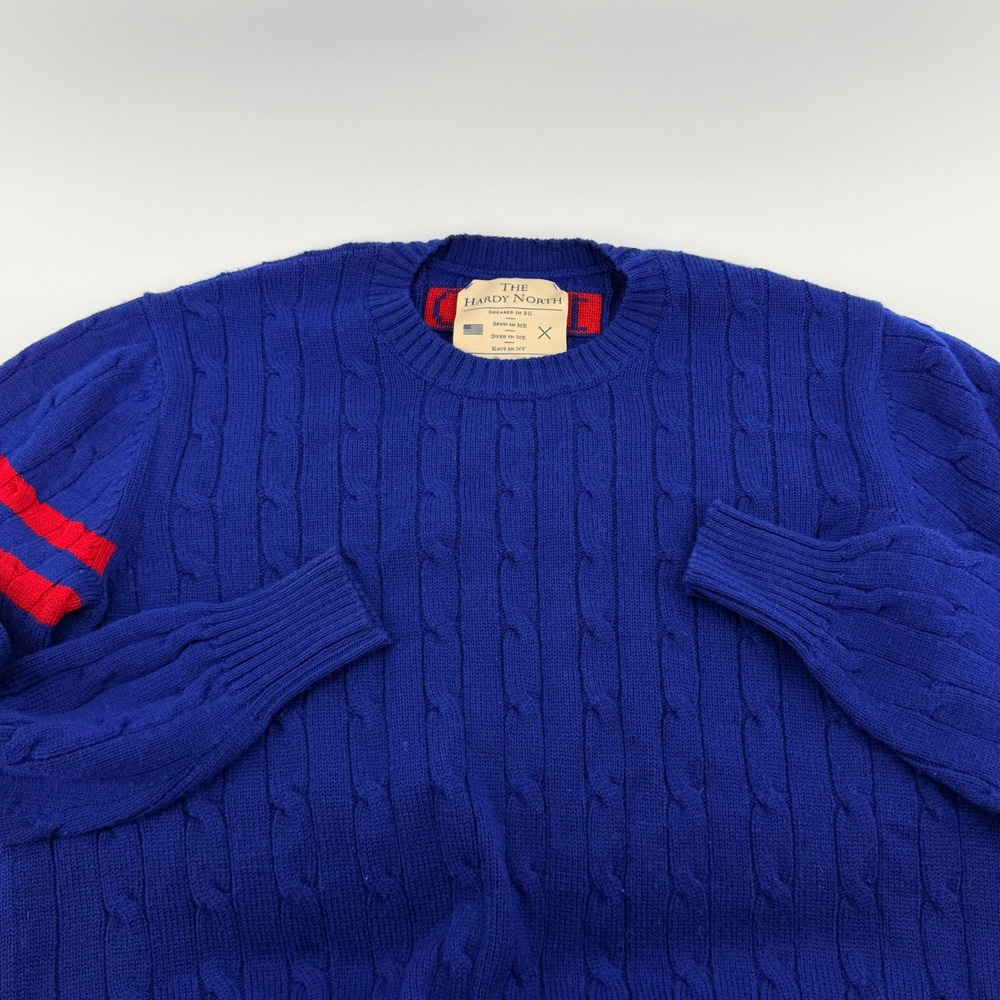 The Hardy North Merino Wool Cable Knit Sweater Varsity Penn Stripe Blue Size M